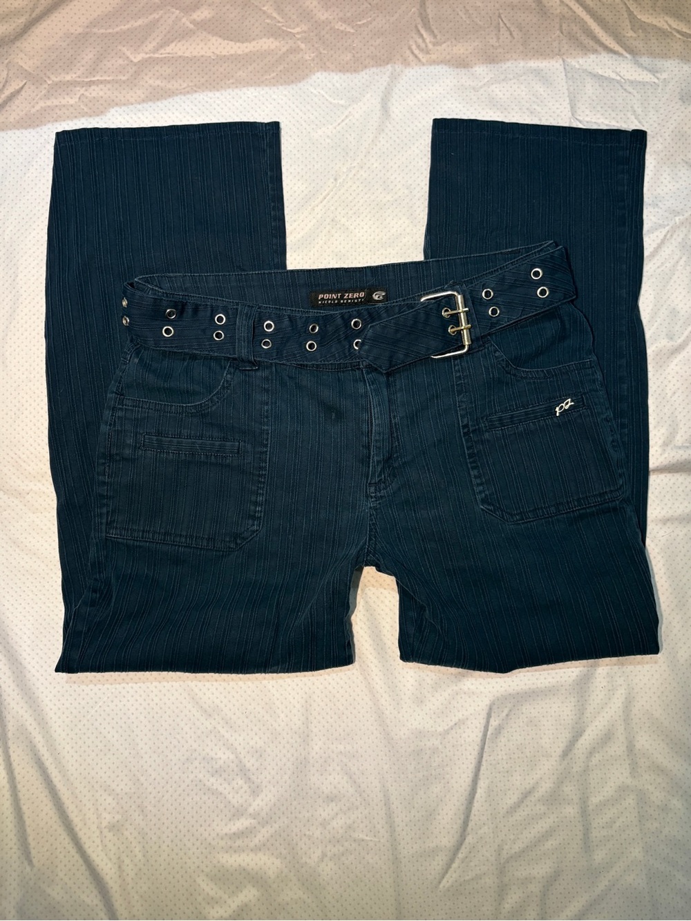 Point Zero Women's Navy Corduroy Straight Leg Jeans with Grommet Belt